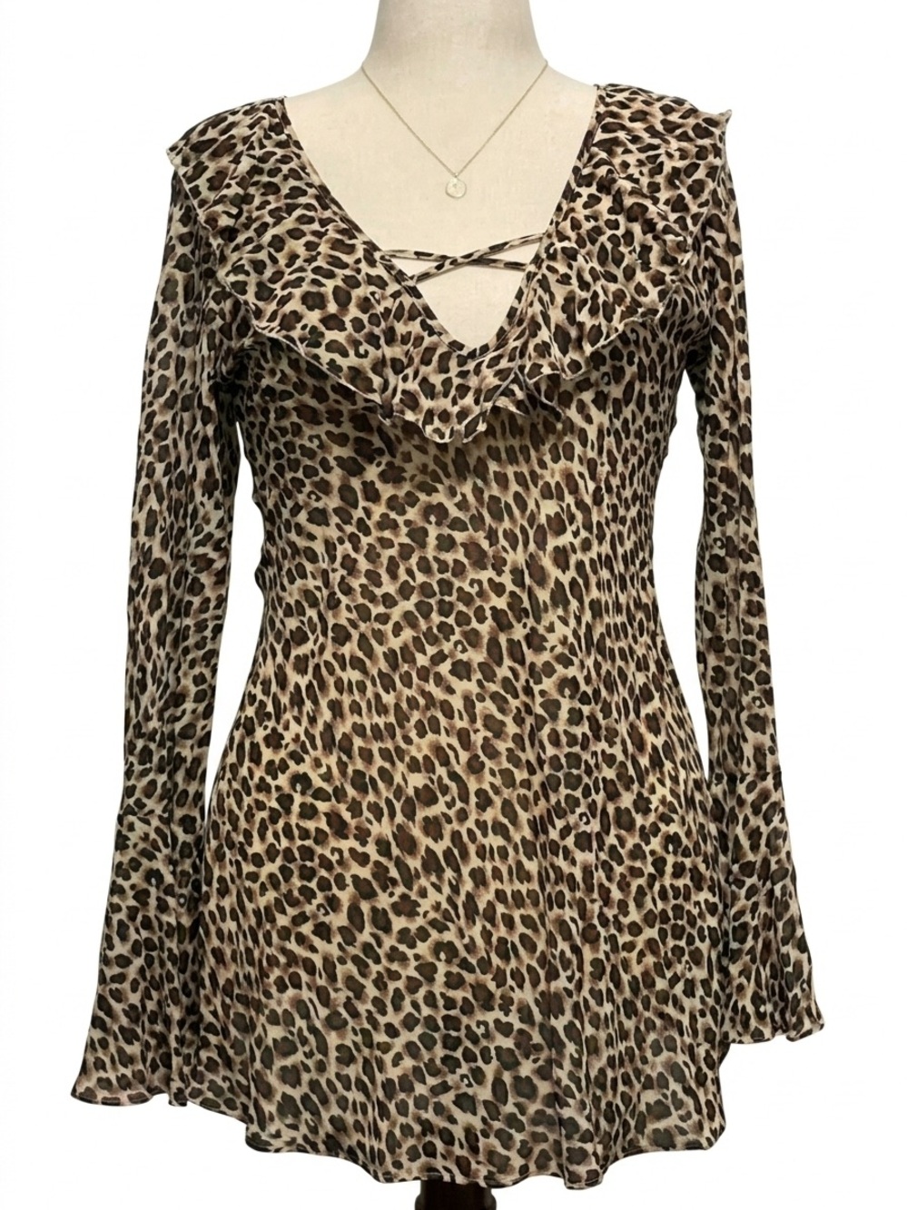 Vtg Y2K Victorias Secret Leopard Mesh Ruffle Dress Bell Sleeve S